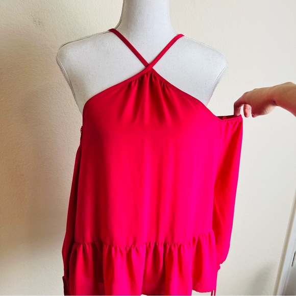 Sienna Sky Fuchsia Cold Shoulder Halter Ruffle Drop Waist Long Sleeve Blouse - Picture 4 of 12